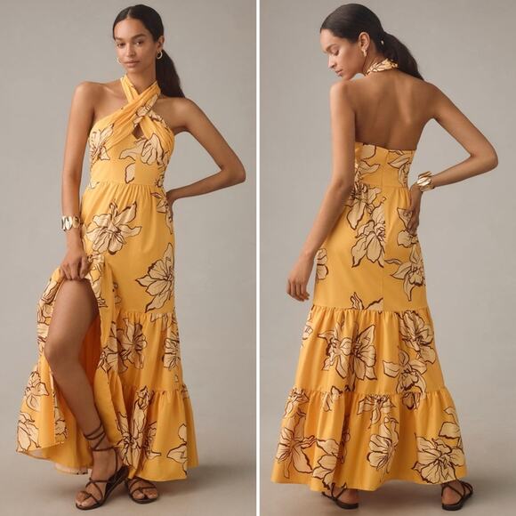 HUTCH Floral Halter Maxi Dress Maize Yellow Adjustable Neck Ruffle Slit 2 NEW - Picture 5 of 14